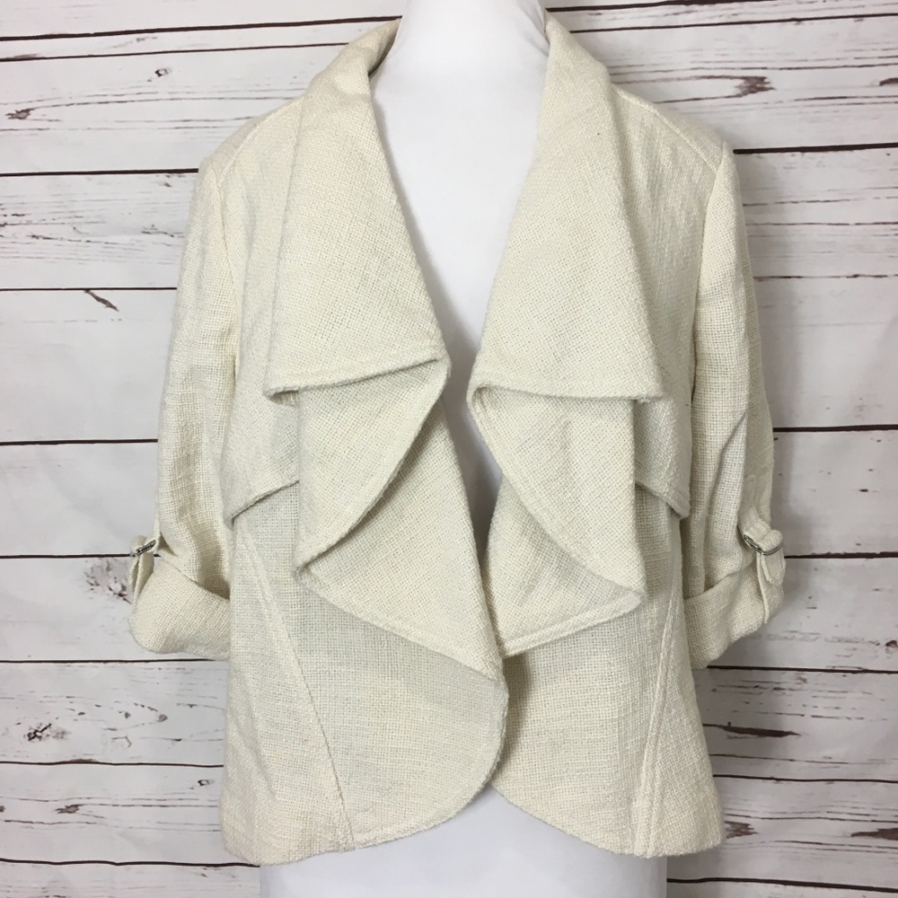 Chico's Women's Jacket Size 0 Ruffle Open Front 3/4 Sleeves Coat Unlined Busines